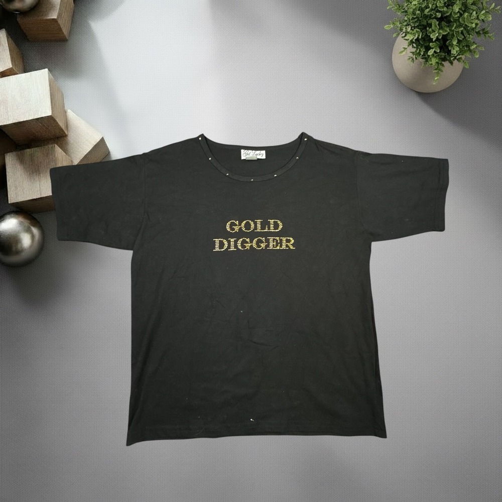 Get Lucky USA Gold Digger Rhinestone Graphic T-Shirt Black Y2K Studded Medium